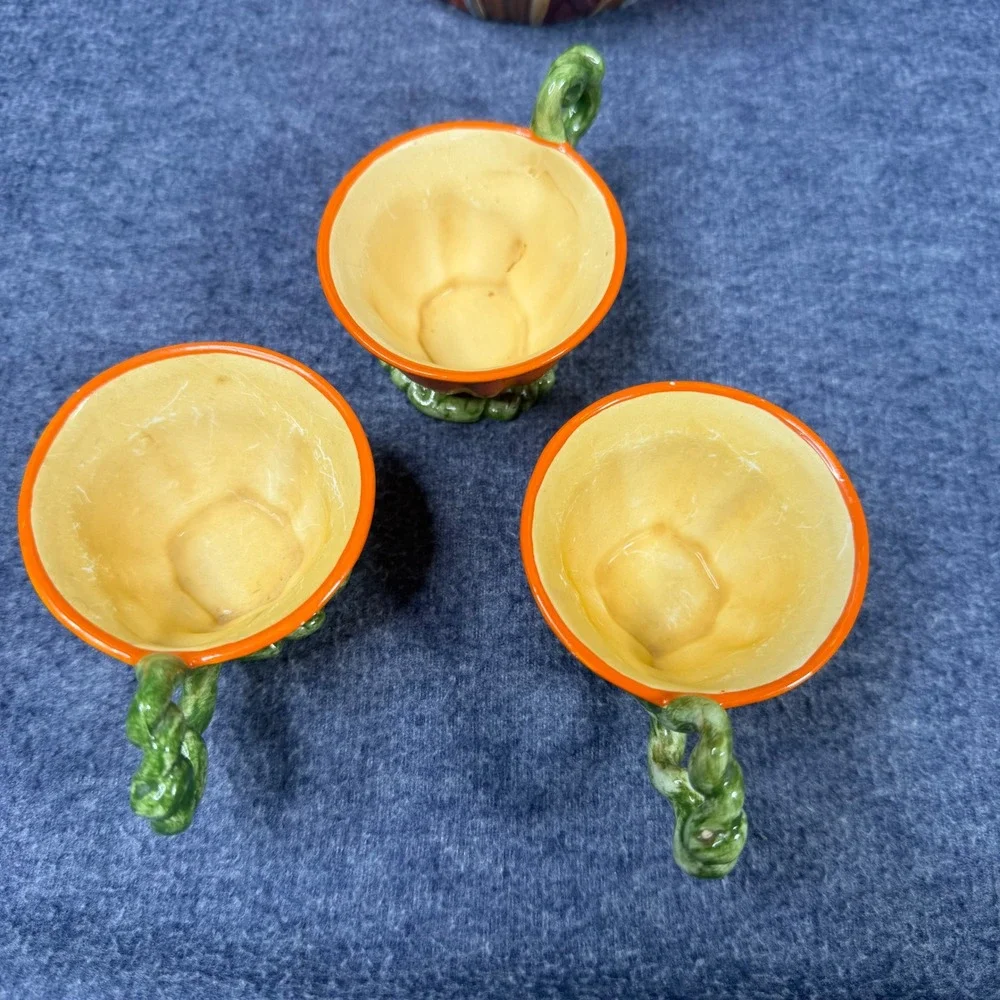 Dept 56 Pumpkin House Teapot + 3 Teacups Set Ceramic Fall Autumn Decor Whimsical